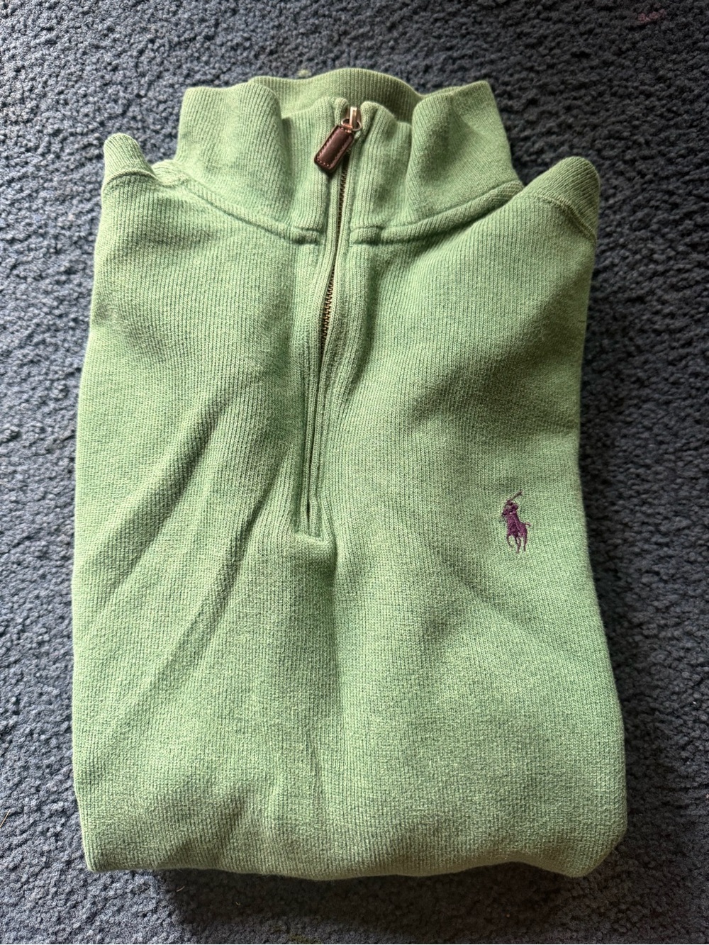 Ralph Lauren Light Green Half-Zip Cotton Knit Pullover with Purple Pony